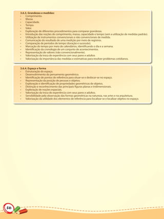 3.6.3. Grandezas e medidas:
     •   Comprimento.
     •   Massa.
     •   Capacidade.
     •   Tempo.
     •   Valor.
     •   Exploração de diferentes procedimentos para comparar grandezas.
     •   Introdução das noções de comprimento, massa, capacidade e tempo (sem a utilização de medidas padrão).
     •   Utilização de instrumentos convencionais e não convencionais de medida.
     •   Comunicação do resultado de uma medição por meio de registros.
     •   Comparação de períodos de tempo (duração e sucessão).
     •   Marcação do tempo por meio de calendários, identificando o dia e a semana.
     •   Identificação da cronologia de um conjunto de acontecimentos.
     •   Representação de valores (não convencionalmente).
     •   Valorização da troca de experiência com seus pares e adultos
     •   Valorização da importância das medidas e estimativas para resolver problemas cotidianos.


     3.6.4. Espaço e forma
     •   Estruturação do espaço.
     •   Desenvolvimento do pensamento geométrico.
     •   Identificação de pontos de referência para situar-se e deslocar-se no espaço.
     •   Representação da posição de pessoas e objetos.
     •   Exploração e identificação de propriedades geométricas de objetos.
     •   Distinção e reconhecimento das principais figuras planas e tridimensionais.
     •   Exploração de noções espaciais.
     •   Valorização da troca de experiência com seus pares e adultos.
     •   Sensibilidade pela observação das formas geométricas na natureza, nas artes e na arquitetura.
     •   Valorização da utilidade dos elementos de referência para localizar-se e localizar objetos no espaço.




26
 