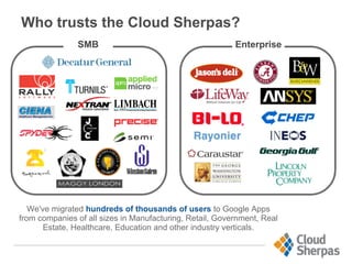 Who trusts the Cloud Sherpas?
SMB
We've migrated hundreds of thousands of users to Google Apps
from companies of all sizes in Manufacturing, Retail, Government, Real
Estate, Healthcare, Education and other industry verticals.
Enterprise
 