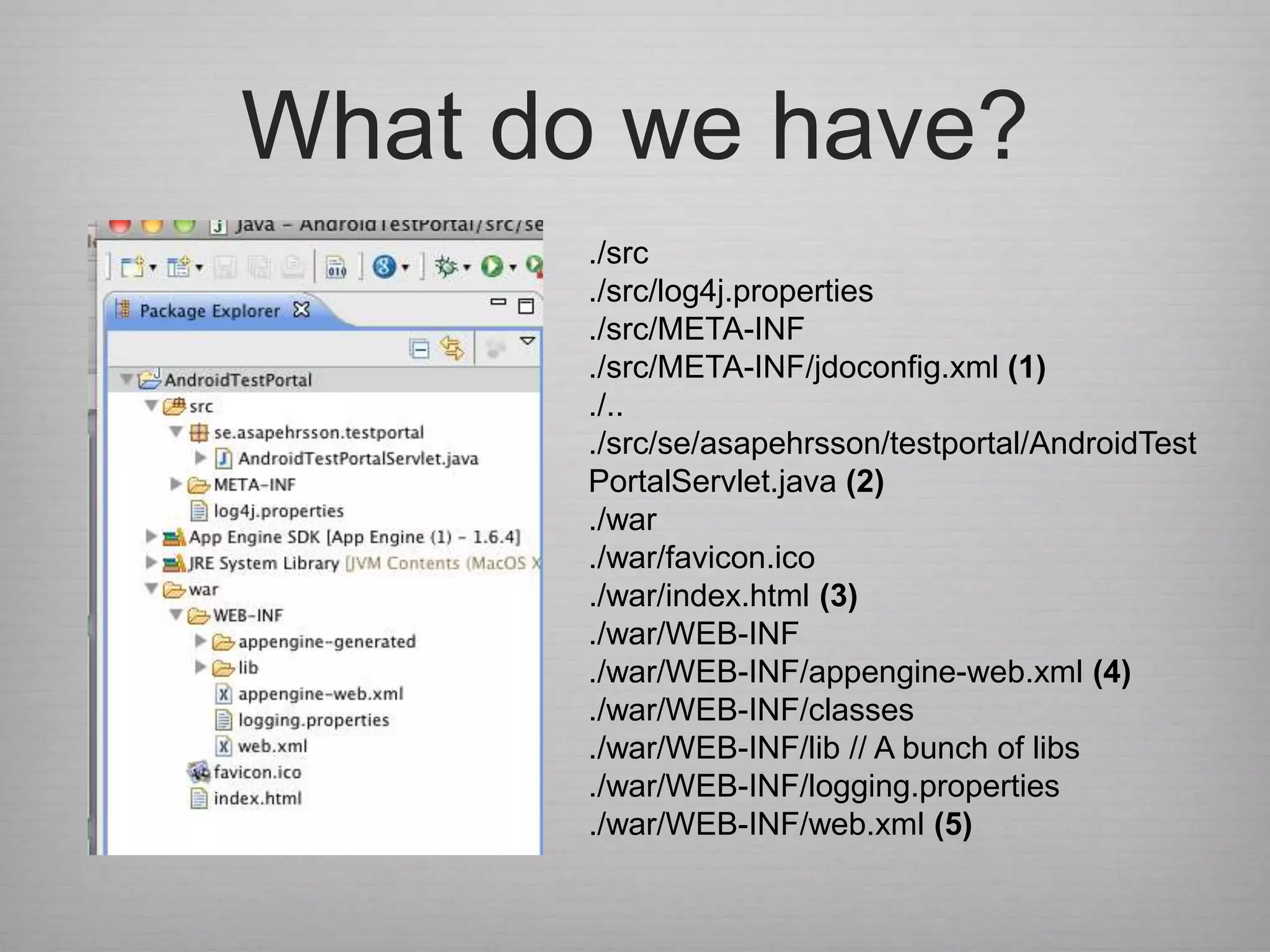 What do we have?
       ./src
       ./src/log4j.properties
       ./src/META-INF
       ./src/META-INF/jdoconfig.xml (1)
       ./..
       ./src/se/asapehrsson/testportal/AndroidTest
       PortalServlet.java (2)
       ./war
       ./war/favicon.ico
       ./war/index.html (3)
       ./war/WEB-INF
       ./war/WEB-INF/appengine-web.xml (4)
       ./war/WEB-INF/classes
       ./war/WEB-INF/lib // A bunch of libs
       ./war/WEB-INF/logging.properties
       ./war/WEB-INF/web.xml (5)
 