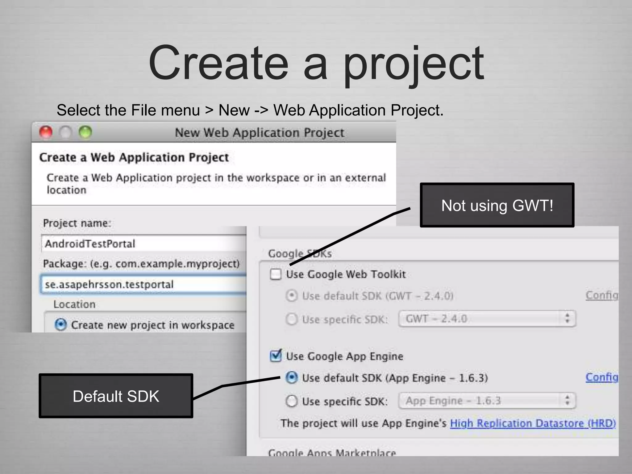 Create a project
Select the File menu > New -> Web Application Project.




                                                     Not using GWT!




  Default SDK
 