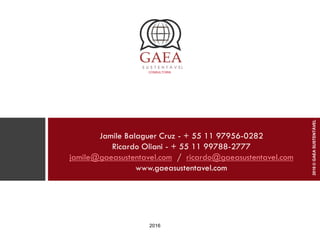 CONSULTORIA
2016
Jamile Balaguer Cruz - + 55 11 97956-0282
Ricardo Oliani - + 55 11 99788-2777
jamile@gaeasustentavel.com / ricardo@gaeasustentavel.com
www.gaeasustentavel.com
2016©GAEASUSTENTÁVEL
 