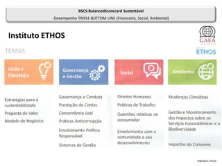 Instiuto ETHOS
Instituto ETHOS
BSCS-BalancedScorecard Sustentável
•Desempenho TRIPLE BOTTOM LINE (Financeiro, Social, Ambiental)
 