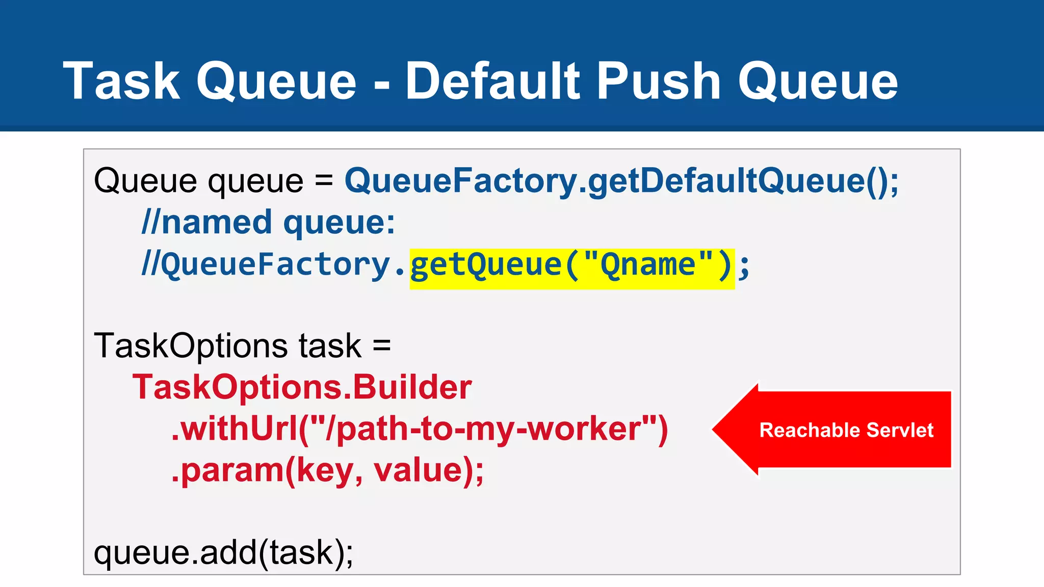 Task Queue - Default Push Queue
Queue queue = QueueFactory.getDefaultQueue();
//named queue:
//QueueFactory.getQueue("Qname");
TaskOptions task =
TaskOptions.Builder
.withUrl("/path-to-my-worker")
.param(key, value);
queue.add(task);
Reachable Servlet
 