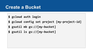 Create a Bucket
$ gcloud auth login
$ gcloud config set project [my-project-id]
$ gsutil mb gs://[my-bucket]
$ gsutil ls gs://[my-bucket]
 