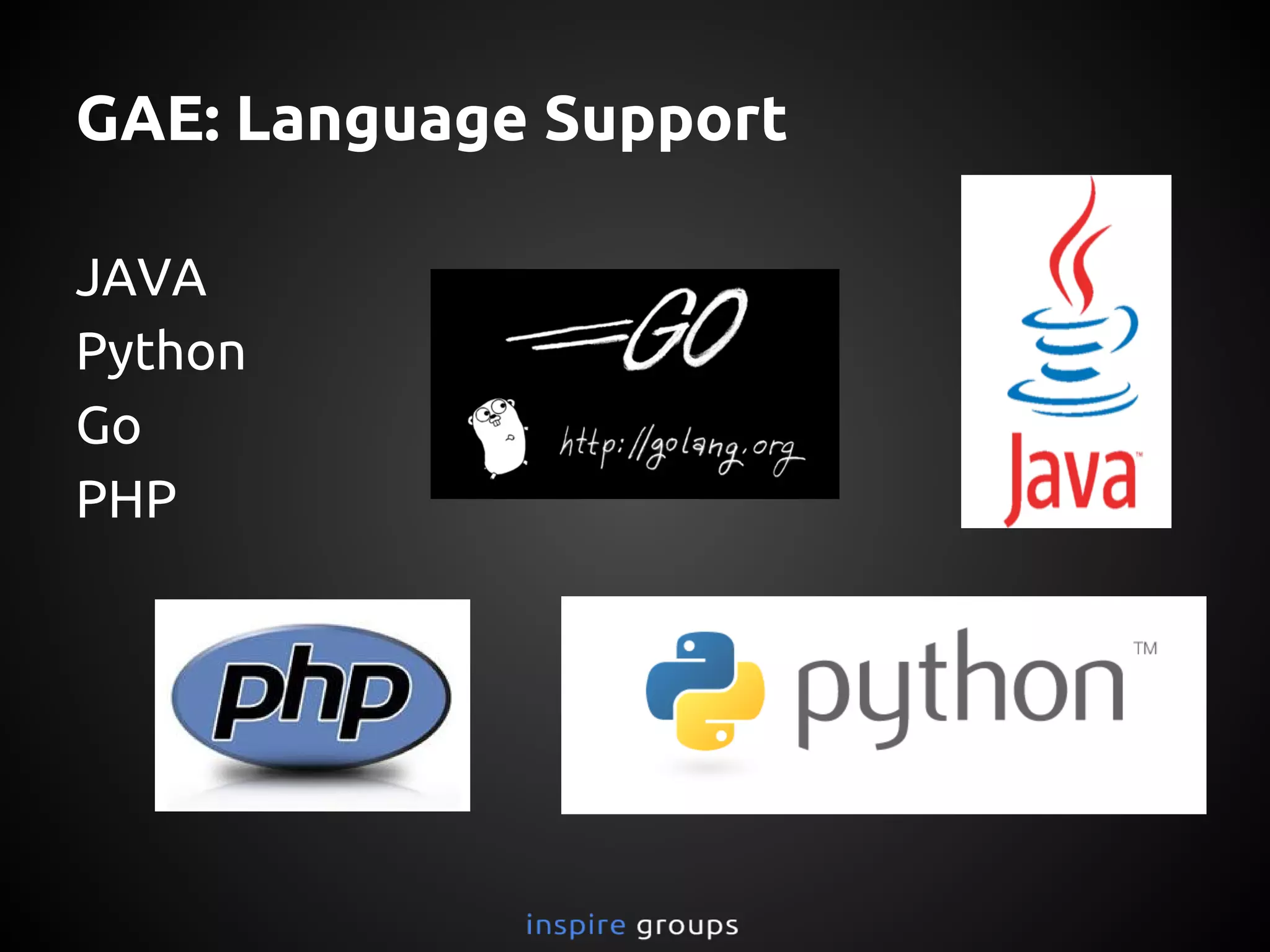 GAE: Language Support
JAVA
Python
Go
PHP
 