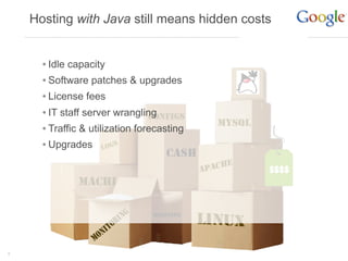 Hosting with Java still means hidden costs


      • Idle capacity
      • Software patches & upgrades
      • License fees
      • IT staff server wrangling
      • Traffic & utilization forecasting
      • Upgrades




6
 