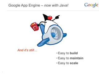 Google App Engine – now with Java!




         And it’s still…
                               • Easy to build
                               • Easy to maintain
                               • Easy to scale

7
 