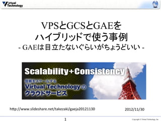 VPSとGCSとGAEを
             ハイブリッドで使う事例
    - GAEは目立たないぐらいがちょうどいい -	




h(p://www.slideshare.net/takezaki/gaeja20121130	
   2012/11/30	

                              1	
                       Copyright © Virtual Technology, Inc
 