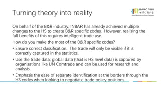 Turning theory into reality
On behalf of the B&R industry, INBAR has already achieved multiple
changes to the HS to create B&R specific codes. However, realising the
full benefits of this requires intelligent trade use.
How do you make the most of the B&R specific codes?
• Ensure correct classification. The trade will only be visible if it is
correctly captured in the statistics.
• Use the trade data: global data (that is HS level data) is captured by
organisations like UN Comtrade and can be used for research and
analysis.
• Emphasis the ease of separate identification at the borders through the
HS codes when looking to negotiate trade policy positions.
 