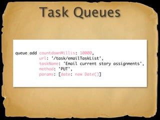 Task Queues

queue.add countdownMillis: 10000,
          url: '/task/emailTaskList',
          taskName: 'Email current story assignments',
          method: 'PUT',
          params: [date: new Date()]
 
