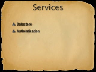 Services
Datastore
Authentication
 