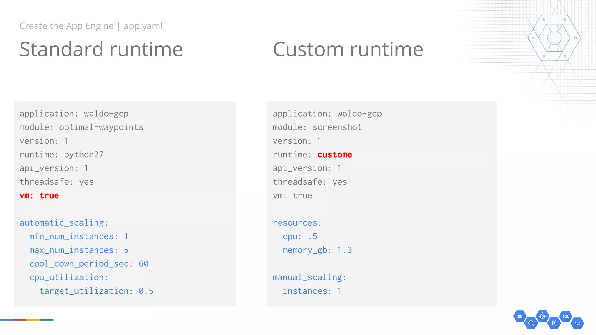 application: waldo-gcp
module: optimal-waypoints
version: 1
runtime: python27
api_version: 1
threadsafe: yes
vm: true
automatic_scaling:
min_num_instances: 1
max_num_instances: 5
cool_down_period_sec: 60
cpu_utilization:
target_utilization: 0.5
Create the App Engine | app.yaml
application: waldo-gcp
module: screenshot
version: 1
runtime: custome
api_version: 1
threadsafe: yes
vm: true
resources:
cpu: .5
memory_gb: 1.3
manual_scaling:
instances: 1
Standard runtime Custom runtime
 