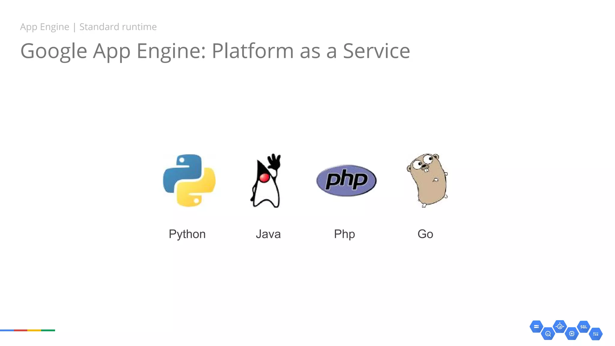Google App Engine: Platform as a Service
App Engine | Standard runtime
Python Java Php Go
 