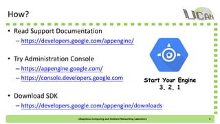 How?
• Read Support Documentation
– https://developers.google.com/appengine/
• Try Administration Console
– https://appengine.google.com/
– https://console.developers.google.com
• Download SDK
– https://developers.google.com/appengine/downloads
Start Your Engine
3, 2, 1
Ubiquitous Computing and Ambient Networking Laboratory 5
 