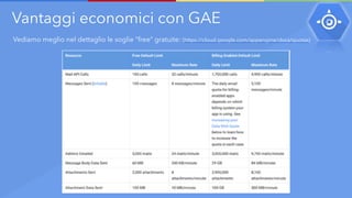 Vantaggi economici con GAE
Vediamo meglio nel dettaglio le soglie “free” gratuite: (https://cloud.google.com/appengine/docs/quotas)
 
