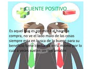 CLIENTE POSITIVO


Es aquel que es optimista al hacer la
compra, no ve el lado malo de las cosas
siempre esta en busca de lo bueno para su
beneficio tiene confianza en si mismo por lo
cual a veces suelen ser ten amable
 