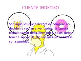 CLIENTE INDECISO


Son aquellos que a la hora de comprar no
deciden y vacilan al vendedor, les cuesta
trabajo tomar decisiones por si solos deben
tener el apoyo de alguien mas para sentirse
con seguridad
 