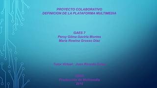 PROYECTO COLABORATIVO
DEFINICION DE LA PLATAFORMA MULTIMEDIA
GAES 7
Persy Gilma Gaviria Montes
Maria Rowina Grosso Diaz
Tutor Virtual: Juan Ricardo Salas
SENA
Producción de Multimedia
2018
 