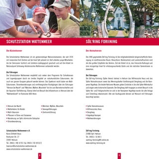 Schutzstation für Hundehalter
  Spielregeln Wattenmeer                                                                       Söl'ring Foriining
Die Küstenkenner                                                                               Der Heimatverein

Die Schutzstation Wattenmeer ist ein gemeinnütziger Naturschutzverein, der seit 1974           Die 1906 gegründete Söl'ring Foriining ist die mitgliederstärkste bürgerschaftliche Verei-
mit inzwischen fünf Zentren auf der Insel Sylt präsent ist. Dort arbeiten junge Mitarbeiter,   nigung im nordfriesischen Raum. Brauchtum, Küstenschutz und Landschaftsschutz sind
die bei Seminaren fachlich und (erlebnis-)pädagogisch geschult und auf ihre Arbeit im          die drei großen Eckpfeiler des Vereins. Ziel der Arbeit ist es, das friesische Kulturgut und
Nationalpark Schleswig-Holsteinisches Wattenmeer vorbereitet werden.                           eine einzigartige Insel für erholungssuchende Gäste und die nächsten Generationen zu
                                                                                               bewahren.
Die Führungen
Die Schutzstation Wattenmeer empfiehlt sich neben dem Programm für Schulklassen                Die Führungen
und Jugendgruppen durch ein breites Angebot an naturkundlichen Exkursionen, die                Die Söl'ring Foriining (Sylter Verein) betreut in Keitum das Altfriesische Haus und das
auch von ganzen Gruppen gebucht werden können. Das Spektrum reicht dabei von Watt-             Sylter Heimatmuseum sowie das Wenningstedter Großsteingrab Denghoog und die Kam-
Exkursionen, Strandwanderungen und ornithologischen Rundgängen über die Führungen              pener Vogelkoje. Die beiden Keitumer Museen geben Einblicke in die alte Sylter Wohnkultur
"Hörnum bei Nacht" und "Märchen, Mythen, Muscheln" bis hin zum Bernsteinschleifen und          und zeigen viele historische Exponate. Der Denghoog lädt hingegen zu einem Besuch in die
der Aquarien-Tierfütterung. Ebenso lohnt ein Besuch des Infozentrums in Hörnum oder der        Sylter Vor- und Frühgeschichte ein und in der Kampener Vogelkoje wurde die alte Anlage
"Wattwerkstatt" im Rantumer ADS-Heim.                                                          zum Entenfang rekonstruiert. Alle vier Ausflugsziele können auf Wunsch mit Führungen
                                                                                               besichtigt werden.



 	Hörnum bei Nacht                                	Märchen, Mythen, Muscheln                    	Sylter Heimatmuseum
 	Watterlebnis für Kinder                         	Seevogelführungen                            	Altfriesisches Haus
 	Watt-Exkursion                                  	Zentrumsführung                              	Denghoog
 	Pflanzen in Düne und Salzwiese                                                                	Vogelkoje Kampen
 	Wanderung um Sylts stürmische Südspitze                                                       	Wattwanderungen
 	Strandwanderung



Schutzstation Wattenmeer e.V.                                                                  Söl'ring Foriining
Kuno-Ehlfeldt-Haus                                                                             25980 Sylt / Keitum
Rantumer Str. 27                                                                               Tel.: 04651 / 32 80 5
25997 Hörnum                                                                                   soelring-foriining@t-online.de
Tel.: 04651 / 88 10 93, Fax: 04651 / 83 58 63 0                                                www.soelring-foriining.de
hoernum@schutzstation-wattenmeer.de
www.schutzstation-wattenmeer.de

                                             8                                                                                              9
 