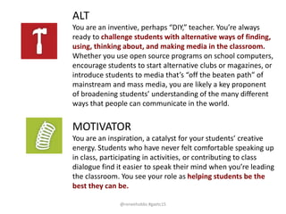 ALT
You are an inventive, perhaps “DIY,” teacher. You’re always
ready to challenge students with alternative ways of finding,
using, thinking about, and making media in the classroom.
Whether you use open source programs on school computers,
encourage students to start alternative clubs or magazines, or
introduce students to media that’s “off the beaten path” of
mainstream and mass media, you are likely a key proponent
of broadening students’ understanding of the many different
ways that people can communicate in the world.
MOTIVATOR
You are an inspiration, a catalyst for your students’ creative
energy. Students who have never felt comfortable speaking up
in class, participating in activities, or contributing to class
dialogue find it easier to speak their mind when you’re leading
the classroom. You see your role as helping students be the
best they can be.
@reneehobbs #gaetc15
 