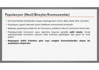 Populasyon (Nesil/Bireyler/Kromozomlar)
• Kromozomlardan (bireylerden) oluşan topluluğa denir (Anne, Baba, Dede, Nine, Çocuklar).
• Popülasyon, geçerli alternatif çözüm (beklenen kromozomlar) kümesidir.
• Başlangıç popülasyonundaki her bir kromozom, problemin olası bir çözümünü temsil eder.
• Popülasyondaki kromozom sayısı algoritma boyunca genelde sabit tutulur. Ancak
popülasyondaki kromozom sayısının sabit tutulması gerektiğiyle ilgili genel bir kural
yoktur.
• Başlangıçta belirli kriterlere göre veya rastgele kromozomlardan oluşan bir
popülasyon oluşturulur.
 