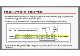 Fitness (Uygunluk) Fonksiyonu
Kromozomlardan meydana gelen bir popülasyon oluşturulduktan sonra, popülasyondaki her
kromozomun uygunluk (fitness) değeri hesaplanır.
Bu fitness değeri, kromozomların karşılaştırılması ve iyi olanların seçimi için kullanılır.
Bu örnekte f(x1)>f(x2) (veya P(x1)>P(x2)) olduğundan x1 kromozomu, x2 kromozomundan
daha iyidir.
 