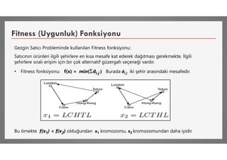 Fitness (Uygunluk) Fonksiyonu
Gezgin Satıcı Probleminde kullanılan Fitness fonksiyonu:
Satıcının ürünleri ilgili şehirlere en kısa mesafe kat ederek dağıtması gerekmekte. İlgili
şehirlere sıralı erişim için bir çok alternatif güzergah seçeneği vardır.
• Fitness fonksiyonu: f(x) = min(di j ) Burada di j iki şehir arasındaki mesafedir.
Bu örnekte f(x1) < f(x2) olduğundan x1 kromozomu, x2 kromozomundan daha iyidir.
 