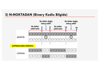 3) N-NOKTADAN (Binary Kodlu Bilgide)
Bu bitler
sabit kalır
Bu bitler değiş
tokuş edilir
Bu bitler
sabit kalır
Bu bitler değiş
tokuş edilir
ÇAPRAZLAMA SONUCU
5 8 14 18
 