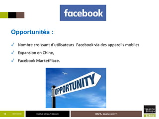 Institut Mines-Télécom05/11/2015 GAFA, Quel avenir ?14
Opportunités :
✓ Nombre croissant d'utilisateurs Facebook via des appareils mobiles
✓ Expansion en Chine,
✓ Facebook MarketPlace.
 