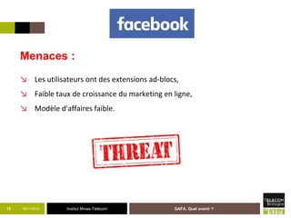 Institut Mines-Télécom05/11/2015 GAFA, Quel avenir ?15
Menaces :
↘ Les utilisateurs ont des extensions ad-blocs,
↘ Faible taux de croissance du marketing en ligne,
↘ Modèle d'affaires faible.
 