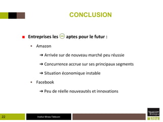 Institut Mines-Télécom
CONCLUSION
22
■ Entreprises les aptes pour le futur :
• Amazon
➔ Arrivée sur de nouveau marché peu réussie
➔ Concurrence accrue sur ses principaux segments
➔ Situation économique instable
• Facebook
➔ Peu de réelle nouveautés et innovations
 