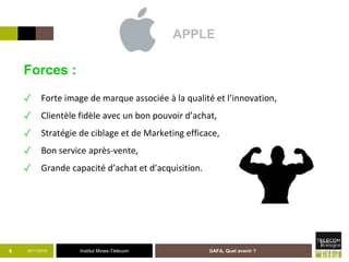 Institut Mines-Télécom05/11/2015 GAFA, Quel avenir ?8
Forces :
✓ Forte image de marque associée à la qualité et l’innovation,
✓ Clientèle fidèle avec un bon pouvoir d’achat,
✓ Stratégie de ciblage et de Marketing efficace,
✓ Bon service après-vente,
✓ Grande capacité d’achat et d’acquisition.
APPLE
 