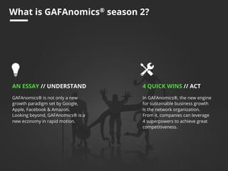 4 QUICK WINS // ACT
In GAFAnomics®, the new engine
for sustainable business growth
is the network organization.
From it, c...