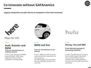 65
Legacy companies can join forces to compete in this new economy
From television groups to
streaming networks
Disney, Fo...