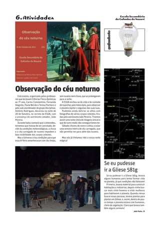 Escola Secundária
da Gafanha da Nazaré
gafanhoto
6.Atividades
Se eu pudesse ir a Gliese 581g, levava
alguns humanos para tentar formar vida
no planeta, já que condições não faltavam!
Primeiro, levava material para construir
habitações e indústrias, depois vinha bus-
car mais vinte homens e vinte mulheres
para habitarem o planeta. Quando viesse
buscar essas pessoas, levava plantas para
plantar em Gliese, e, assim, dentro de pou-
co tempo o planeta estava com humanos,
cheio de vegetação. Claro que levava tam-
bém alguns animais!
João Pedro, 7E
Observação do céu noturno
Este evento, organizado pelos professo-
res que lecionam Ciências Físico-Químicas
ao 7º ano, Carmo Constantino, Fernanda
Alegrete, Paula Beirão e Teresa Pacheco e
pelosub-coordenadordogrupodisciplinar,
António Rodrigues, decorreu na noite de
28 de Outubro, no recinto da ESGN, com
a presença do astrónomo amador, João
Pereira.
Durantetodaasemanaqueoantecedeu,
tememos que tivesse de ser cancelado, de-
vido às condições meteorológicas: a chuva
e o céu carregado de nuvens impedem a
boa visibilidade dos corpos celestes.
MasoUniversocrioucondiçõesparaque
essa 6ª feira amanhecesse com céu limpo,
semnuvensnemchuva,queseprolongaram
para a noite.
A ESGN encheu-se de vida e de vontade
deespreitarpelotelescópio,paraobservar
o planeta Júpiter e algumas das suas luas.
Pudemos ainda deliciar os olhos com
fotografias de vários corpos celestes, tira-
das pelo astrónomo João Pereira. Tivemos
assimumanoitecheiadeimagensúnicase
quedeoutromodonãoconseguiríamoster.
Sábado choveu de novo e voltou a estar
uma semana inteira de céu carregado, que
não permitia ver para além das nuvens.
Mas nós já tínhamos tido a nossa noite
mágica!
Se eu pudesse
ir a Gliese 581g
 