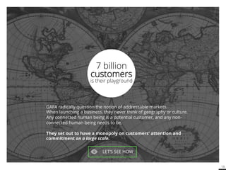 13 
7 billion 
customers 
is their playground 
GAFA radically question the notion of addressable markets. 
When launching a business, they never think of geography or culture. 
Any connected human being is a potential customer, and any non-connected 
human being needs to be. 
They set out to have a monopoly on customers’ attention and 
commitment on a large scale. 
LET’S SEE HOW 
 