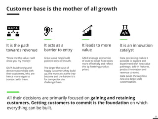 20 
Customer base is the mother of all growth 
“Show me the value, I will 
show you my money”. 
GAFA build strong and 
direct relationships with 
their customers, who are 
hence more eager to 
transact with them. 
Great value helps build 
positive word-of-mouth. 
The larger the base of 
happy customers they build 
up, the more attractive they 
become and the harder it is 
for competitors to 
challenge them. 
GAFA leverage economies 
of scale to cover fixed costs 
more effectively and reflect 
this by lowering product 
prices. 
Data processing makes it 
possible to explore and 
experiment with new value 
pathways: add-on features, 
product innovation and 
revenue streams. 
Data paves the way to a 
new era: large-scale 
customization. 
It is the path 
towards revenue 
It acts as a 
barrier to entry 
It leads to more 
value 
It is an innovation 
catalyst 
All GAFA decisions are primarily focused on gaining and retaining 
customers. Getting customers to commit is the foundation on which 
everything can be built. 
 
