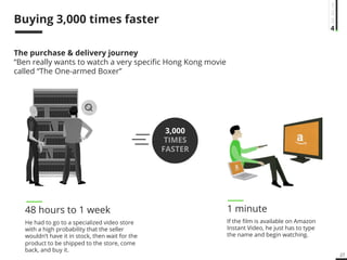 27 
Buying 3,000 times faster 
The purchase & delivery journey 
“Ben really wants to watch a very specific Hong Kong movie 
called “The One-armed Boxer” 
48 hours to 1 week 
He had to go to a specialized video store 
with a high probability that the seller 
wouldn’t have it in stock, then wait for the 
product to be shipped to the store, come 
back, and buy it. 
3,000 
TIMES 
FASTER 
1 minute 
If the film is available on Amazon 
Instant Video, he just has to type 
the name and begin watching. 
1 
23 
4 
 