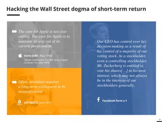 31 
Hacking the Wall Street dogma of short-term return 
Our CEO has control over key 
decision-making as a result of 
his control of a majority of our 
voting stock. As a stockholder, 
even a controlling stockholder, 
Mr. Zuckerberg is entitled to 
vote his shares[…] in his own 
interest, which may not always 
be in the interests of our 
stockholders generally. ! 
The cure for Apple is not cost-cutting. 
The cure for Apple is to 
innovate its way out of its 
current predicament.! 
Facebook form s-1 
Steve JOBS, May 1999 
*[Apple Confidential: The Real Story of Apple 
Computer Inc., May 1999] 
Often, invention requires " 
a long-term willingness to be 
misunderstood! 
Jeff BEZOS, June 2011 
 