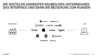 SINNERSCHRADER HELLO | GESCHÄFTSMODELLE IM ZEITALTER DER GAFAS | 15.10.2015 7
DIE DIGITALEN ANGREIFER RAUBEN DEN UNTERNEHMEN
DAS INTERFACE UND DANN DIE BEZIEHUNG ZUM KUNDEN
USERUNTERNEHMEN
 