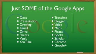 Just SOME of the Google Apps
•Docs	

•Presentation	

•Drawing	

•Gmail	

•Drive	

•Sheets	

•Vault	

•YouTube	

!
!
!
•Translate	

•Blogger	

•Voice	

•Maps	

•Picasa	

•Books	

•Scholar	

•Chrome	

•Google+
 