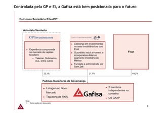 Controlada pela GP e EI, a Gafisa está bem posicionada para o futuro


   Estrutura Societário Pós-IPO1



     Acionista Vendedor




                                                     ►   Liderança em investimentos
                                                         no setor imobiliário fora dos
        ►   Experiência comprovada                       EUA
            no mercado de capitais                   ►   O portfolio inclui a Homex, a                      Float
            brasileiro                                   incorporadora líder no
               – Telemar, Submarino,                     segmento imobiliário do
                  ALL, entre outros                      México
                                                     ►   Fundada e administrada por
                                                         Sam Zell

                              23,1%                                    27,7%                                    49,2%


                            Padrões Superiores de Governança

                             ►   Listagem no Novo                                        ►   2 membros
                                                                                             independentes no
                                 Mercado                                                     conselho
                             ►   Tag along de 100%                                       ►   US GAAP
       Nota:
       1     Exclui ações em tesouraria
                                                                                                                        9
 
