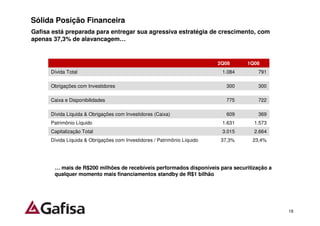Sólida Posição Financeira
Gafisa está preparada para entregar sua agressiva estratégia de crescimento, com
apenas 37,3% de alavancagem…


                                                                          2Q08     1Q08
      Dívida Total                                                         1.084      791

      Obrigações com Investidores                                            300      300

      Caixa e Disponibilidades                                               775      722

      Dívida Líquida & Obrigações com Investidores (Caixa)                   609      369
      Patrimônio Líquido                                                   1.631     1.573
      Capitalização Total                                                  3.015     2.664
      Dívida Líquida & Obrigações com Investidores / Patrimônio Líquido    37,3%    23,4%




       … mais de R$200 milhões de recebíveis performados disponíveis para securitização a
       qualquer momento mais financiamentos standby de R$1 bilhão




                                                                                             18
 