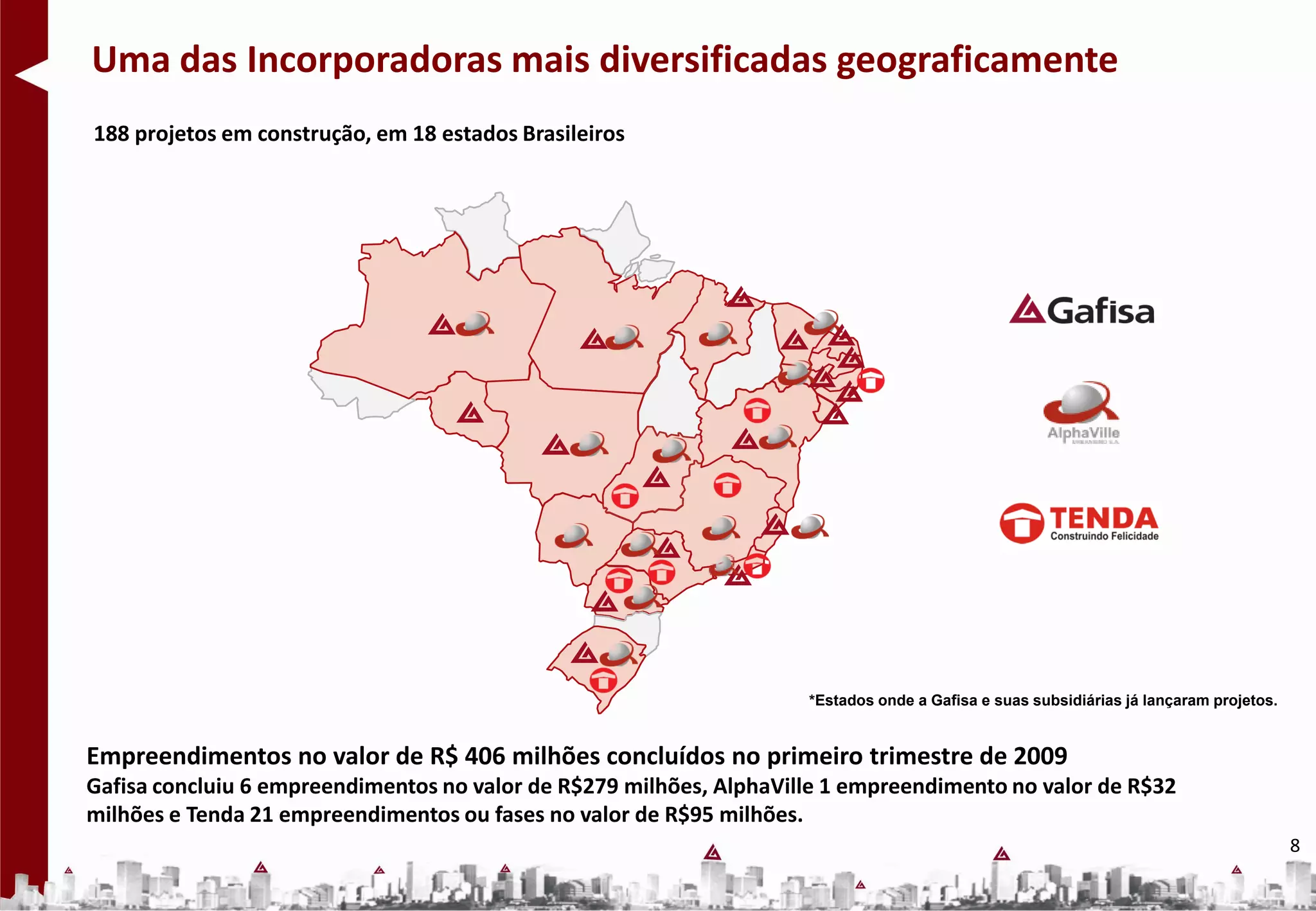 Uma das Incorporadoras mais diversificadas geograficamente
188 projetos em construção, em 18 estados Brasileiros




                                                                     *Estados onde a Gafisa e suas subsidiárias já lançaram projetos.


Empreendimentos no valor de R$ 406 milhões concluídos no primeiro trimestre de 2009
Gafisa concluiu 6 empreendimentos no valor de R$279 milhões, AlphaVille 1 empreendimento no valor de R$32
milhões e Tenda 21 empreendimentos ou fases no valor de R$95 milhões.
                                                                                                                                        8
 