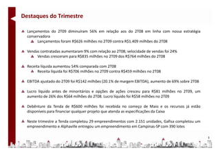 Destaques do Trimestre

  Lançamentos do 2T09 diminuíram 56% em relação aos do 2T08 em linha com nossa estratégia
  conservadora
       Lançamentos foram R$626 milhões no 2T09 contra R$1.409 milhões do 2T08

  Vendas contratadas aumentaram 9% com relação ao 2T08; velocidade de vendas foi 24%
       Vendas cresceram para R$835 milhões no 2T09 dos R$764 milhões do 2T08

  Receita líquida aumentou 54% comparada com 2T08
        Receita líquida foi R$706 milhões no 2T09 contra R$459 milhões no 2T08

  EBITDA ajustado do 2T09 foi R$142 milhões (20.1% de margem EBITDA), aumento de 69% sobre 2T08

  Lucro líquido antes de minoritários e opções de ações cresceu para R$81 milhões no 2T09, um
  aumento d 26% d R$64 milhões d 2T08 L
           de      dos       ilhõ do 2T08. Lucro lí id f i R$58 milhões no 2T09
                                                 líquido foi     ilhõ

  Debênture da Tenda de R$600 milhões foi recebida no começo de Maio e os recursos já estão
  disponíveis para financiar qualquer projeto que atenda as especificações da Caixa

  Neste trimestre a Tenda completou 29 empreendimentos com 2.151 unidades, Gafisa completou um
  empreendimento e Alphaville entregou um empreendimento em Campinas‐SP com 390 lotes

                                                                                                  3
 