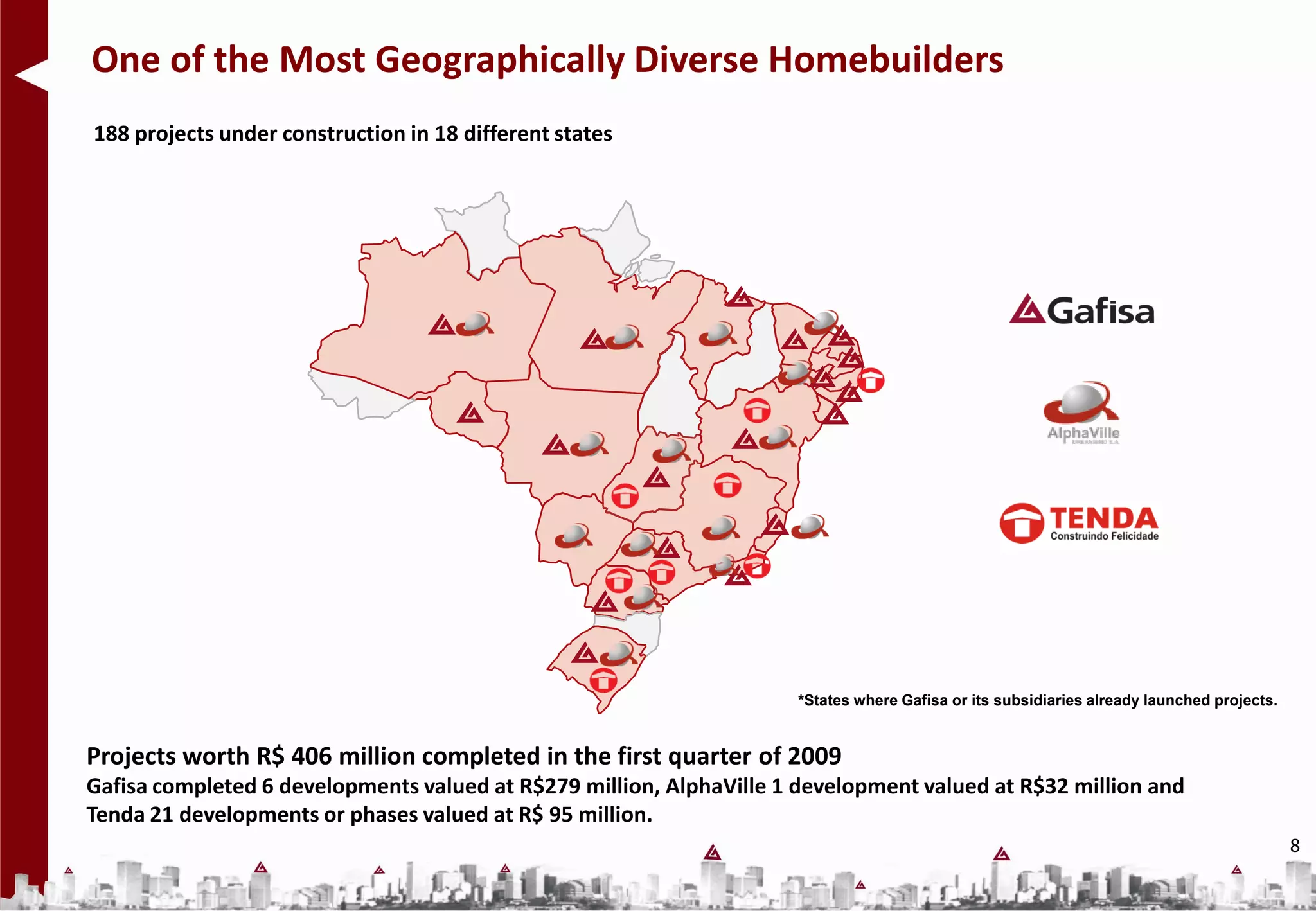 One of the Most Geographically Diverse Homebuilders
188 projects under construction in 18 different states




                                                                     *States where Gafisa or its subsidiaries already launched projects.


Projects worth R$ 406 million completed in the first quarter of 2009
Gafisa completed 6 developments valued at R$279 million, AlphaVille 1 development valued at R$32 million and
Tenda 21 developments or phases valued at R$ 95 million.
                                                                                                                                           8
 