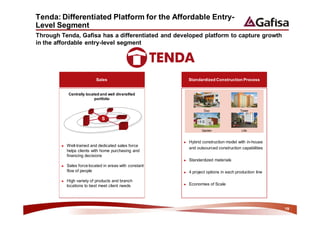 Tenda: Differentiated Platform for the Affordable Entry-
Level Segment
Through Tenda, Gafisa has a differentiated and developed platform to capture growth
in the affordable entry-level segment




                            Sales                            Standardized Construction Process


            Centrally located and well diversified
                           portfolio


                                                                     Duo                 Tower

                               S

                                                                    Garden                Life


                                                         ►   Hybrid construction model with in-house
        ►   Well-trained and dedicated sales force
                                                             and outsourced construction capabilities
            helps clients with home purchasing and
            financing decisions
                                                         ►   Standardized materials
        ►   Sales force located in areas with constant
            flow of people                               ►   4 project options in each production line

        ►   High variety of products and branch
            locations to best meet client needs          ►   Economies of Scale




                                                                                                         19
 
