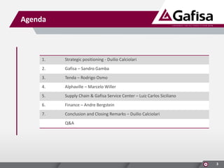 Agenda

1.

Strategic positioning - Duilio Calciolari

2.

Gafisa – Sandro Gamba

3.

Tenda – Rodrigo Osmo

4.

Alphaville – Marcelo Willer

5.

Supply Chain & Gafisa Service Center – Luiz Carlos Siciliano

6.

Finance – Andre Bergstein

7.

Conclusion and Closing Remarks – Duilio Calciolari
Q&A

3

 