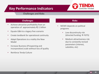 Key Performance Indicators
Challenges and Risks
Challenges
•

Achieve attractive profitability from an
operation of approximately R$ 1 billion

•

Equate G&A to a legacy free scenario

•

Create landbank for operational continuity

•

Adapt Operations to a reality the New
Model

•

Increase Business (Prospecting and
incorporation) scale without loss of quality

•

Risks

Reinforce Tenda Culture

•

MCMV depends on political
programs
•

Low discontinuity risk
(directed funding  FGTS)

•

Medium attractiveness risk
due to constantly revised
parameters (interest,
subsidies, etc)

32

 