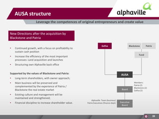 AUSA structure
Leverage the competences of original entrepreneurs and create value
New Directions after the acquisition by
Blackstone and Patria
•

Continued growth, with a focus on profitability to
sustain cash position

•

Blackstone

Increase the efficiency of the most important
processes: Land acquisition and launches

•

Gafisa

Patria

Structuring own Alphaville back office

Fund

Supported by the values ​of Blackstone and Patria:
•

Long-term shareholders, with owner approach;

•

AUSA

Main business will be preserved and
complemented by the experience of Patria /
Blackstone the real estate market

•

Existing culture and management will be
maintained and strengthened;

•

Financial discipline to increase shareholder value.

Board

Alphaville Team (business)
Patria Executives (finance dept)

Members:
Patria (2)
Blackstone (2)
Gafisa (2)

Executive
Board

39

 